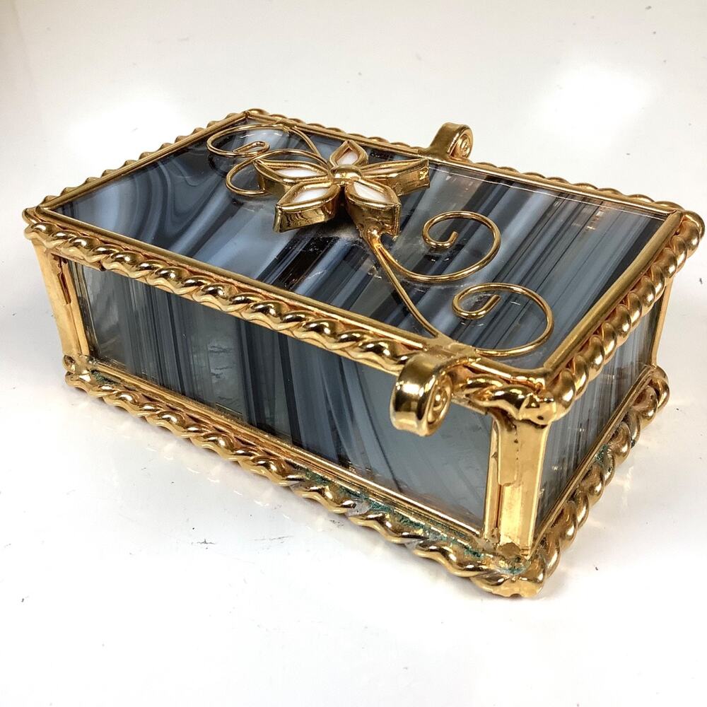 Agate Slag Glass 24k Gold Finish Heavy Trinket Jewelry Floral Box Hinged USA